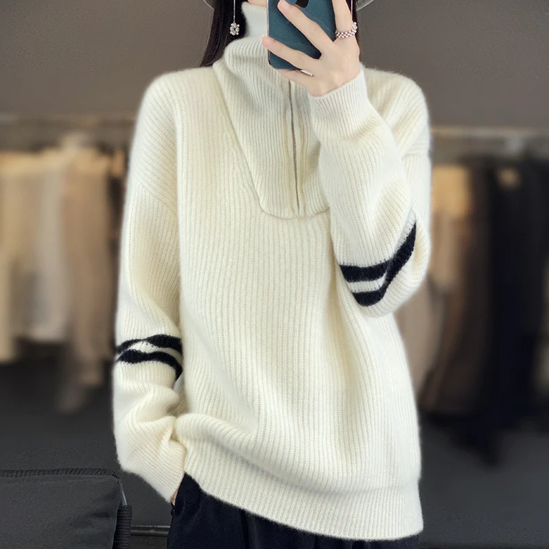 Damen Rippenstrick-Pullover mit halbem Reißverschluss, hohem Stehkragen und lässiger Passform Nord Taschen