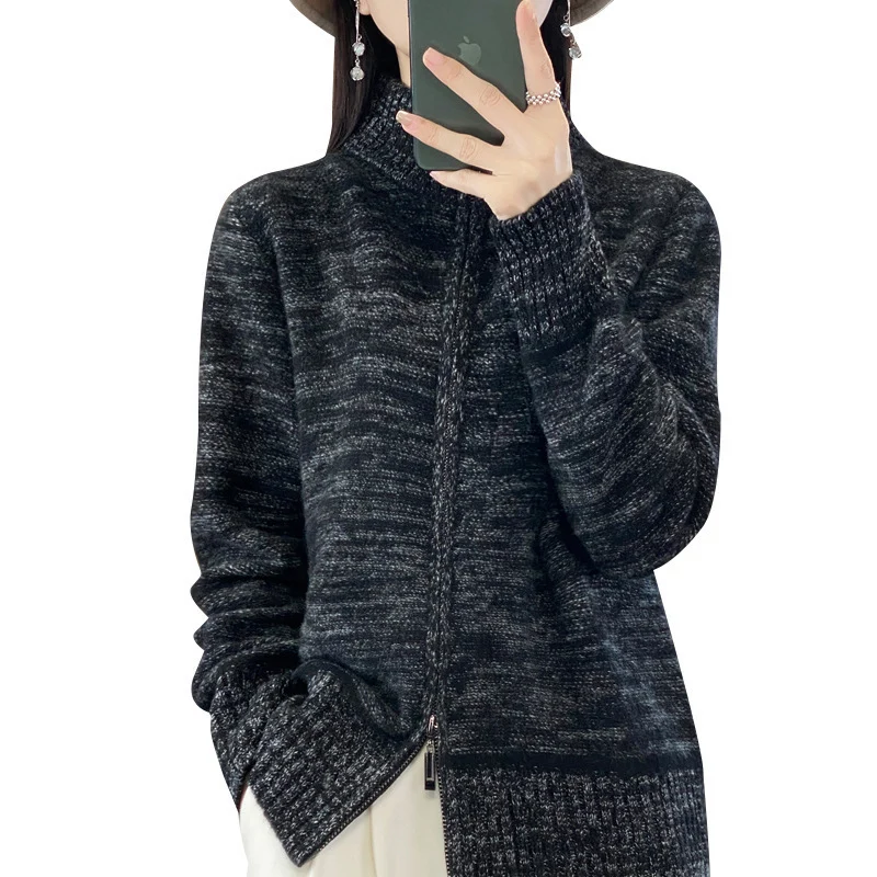 Damen Reißverschluss‑Strickjacke mit melierter Struktur und Stehkragen Nord Taschen