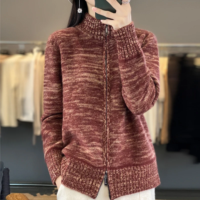 Damen Reißverschluss‑Strickjacke mit melierter Struktur und Stehkragen Nord Taschen