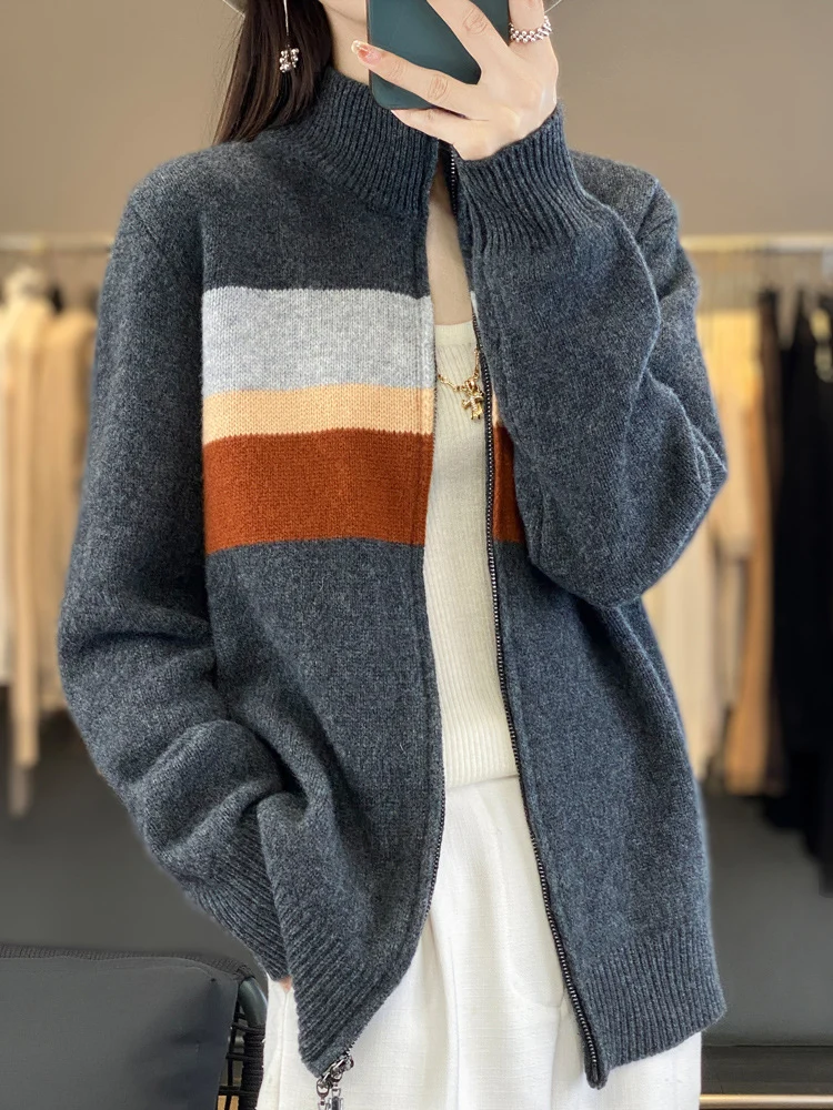 Damen Reißverschluss-Strickcardigan aus weichem Wollmix mit Blockstreifen und geripptem Saum Nord Taschen