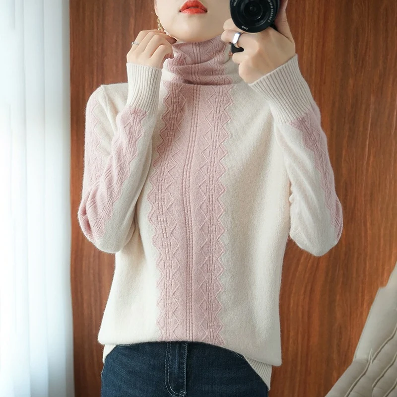 Damen Premium-Rollkragenpullover aus Feinstrick mit zentrierter Ajour‑Zopfstruktur Nord Taschen
