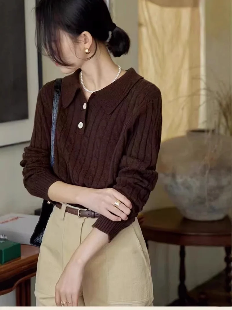 Damen Polokragen‑Zopfstrickpullover mit halber Knopfleiste Nord Taschen