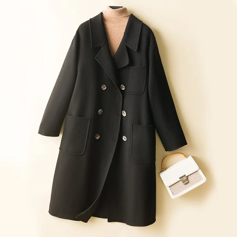 Damen Oversized Doppelreiher Wollmix‑Mantel mit aufgesetzten Taschen Nord Taschen