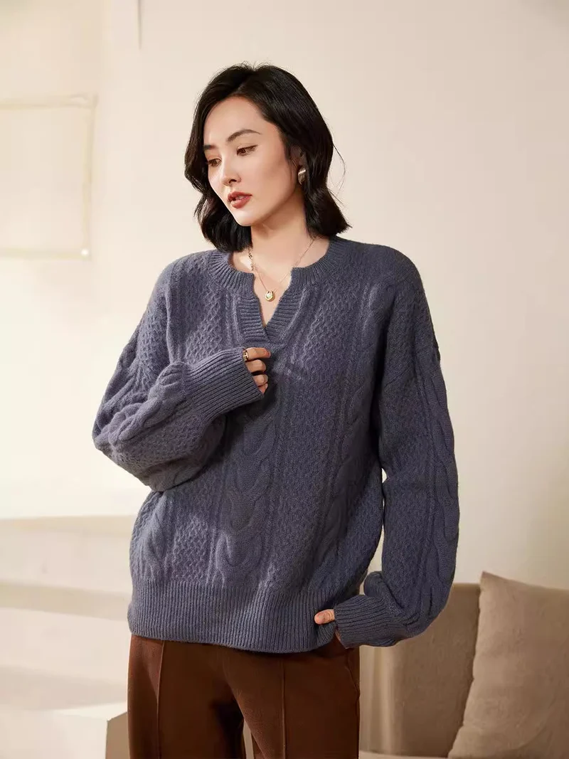Damen Oversize Zopfstrick-Pullover mit V‑Einsatz und kaschmirähnlicher Weichheit Nord Taschen
