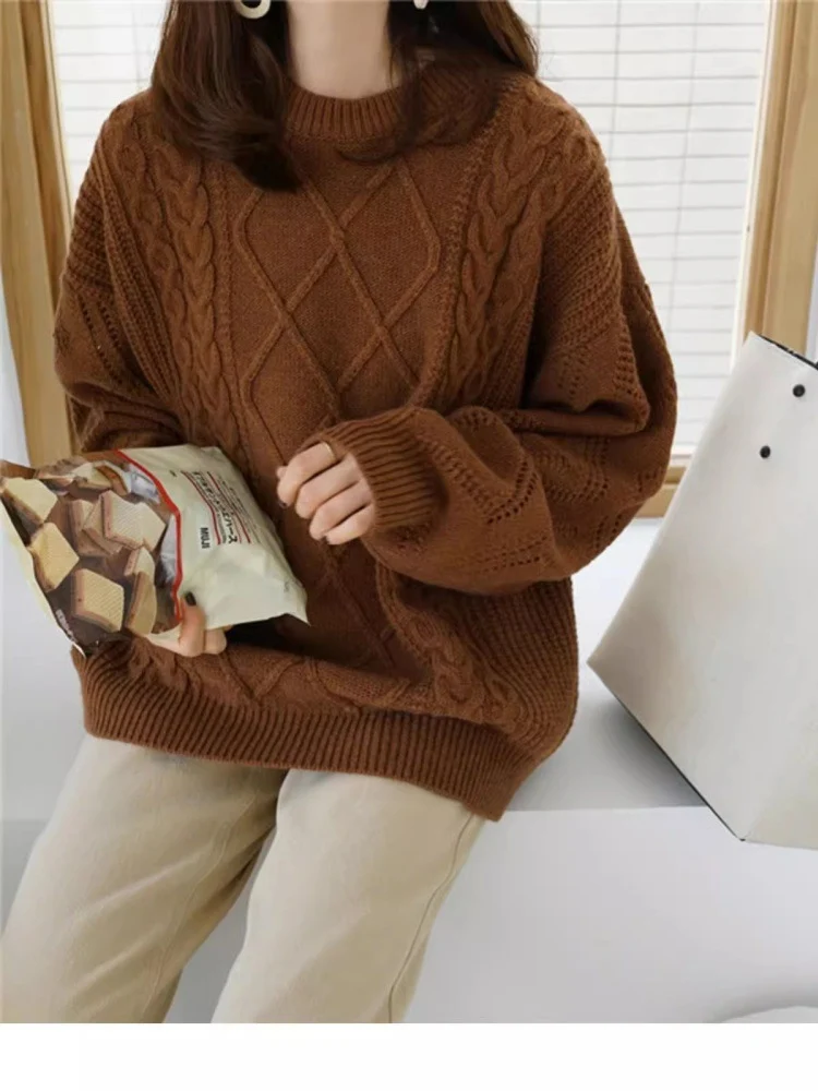 Damen Oversize Zopfmuster-Strickpullover mit Ajour‑Details und geripptem Saum Nord Taschen