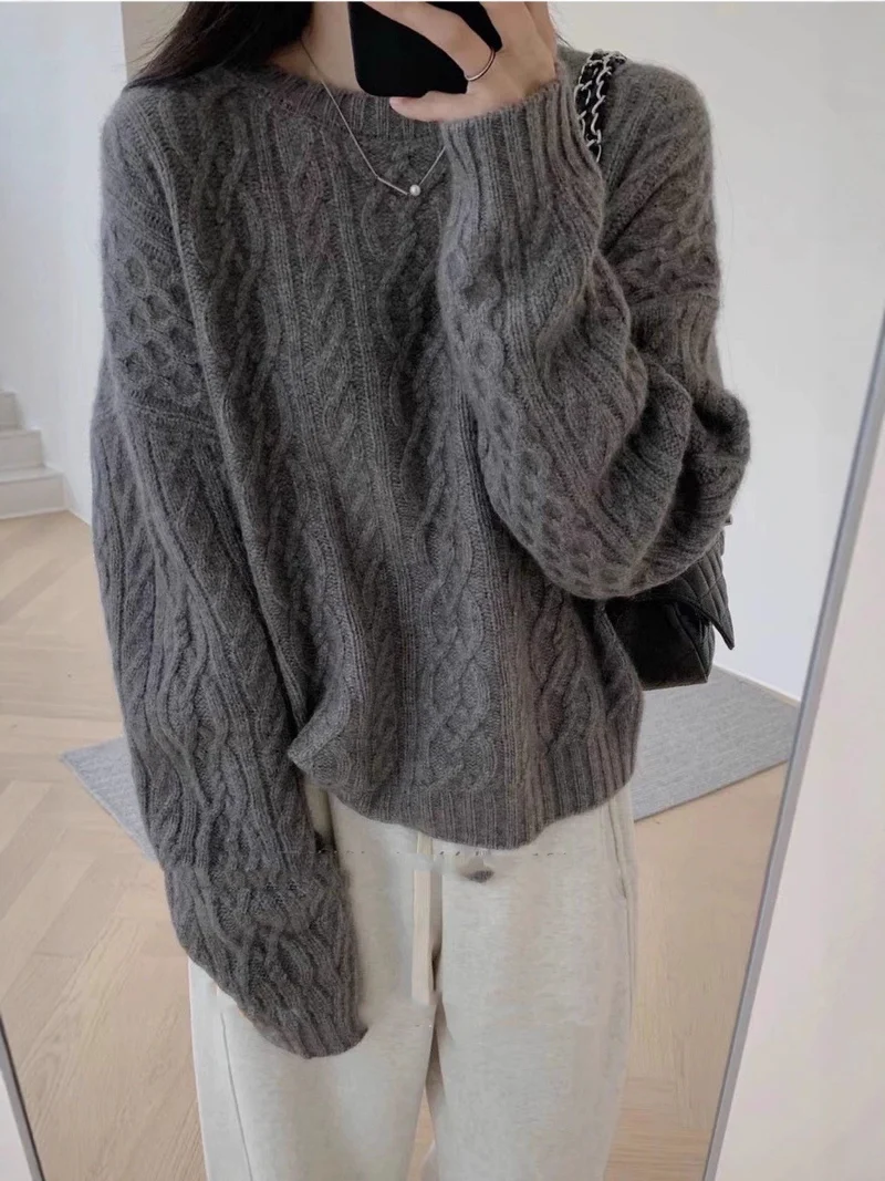 Damen Oversize Zopfmuster‑Pullover mit Rundhalsausschnitt und lässiger Schulterpartie Nord Taschen