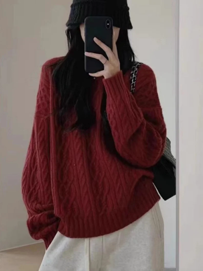 Damen Oversize Zopfmuster‑Pullover mit Rundhalsausschnitt und lässiger Schulterpartie Nord Taschen