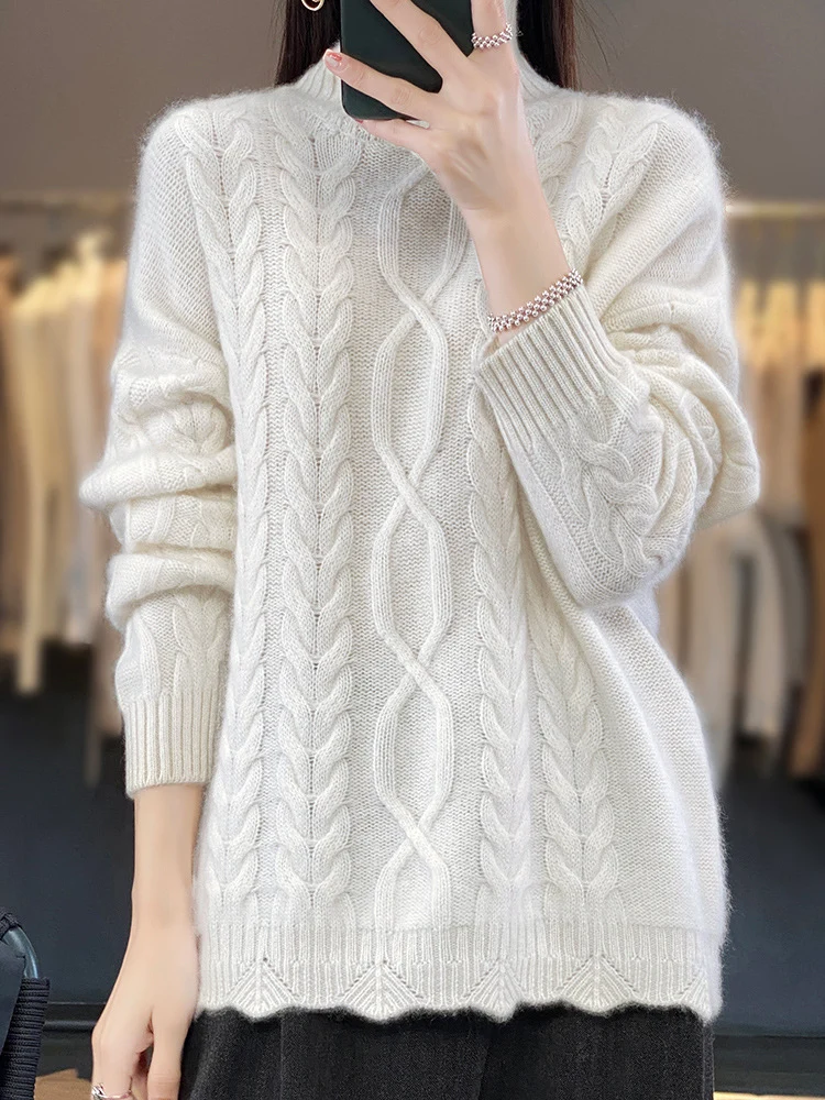 Damen Oversize-Zopfmuster-Pullover mit Mohair-Optik und gerippten Bündchen Nord Taschen