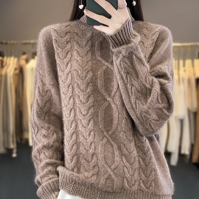 Damen Oversize-Zopfmuster-Pullover mit Mohair-Optik und gerippten Bündchen Nord Taschen
