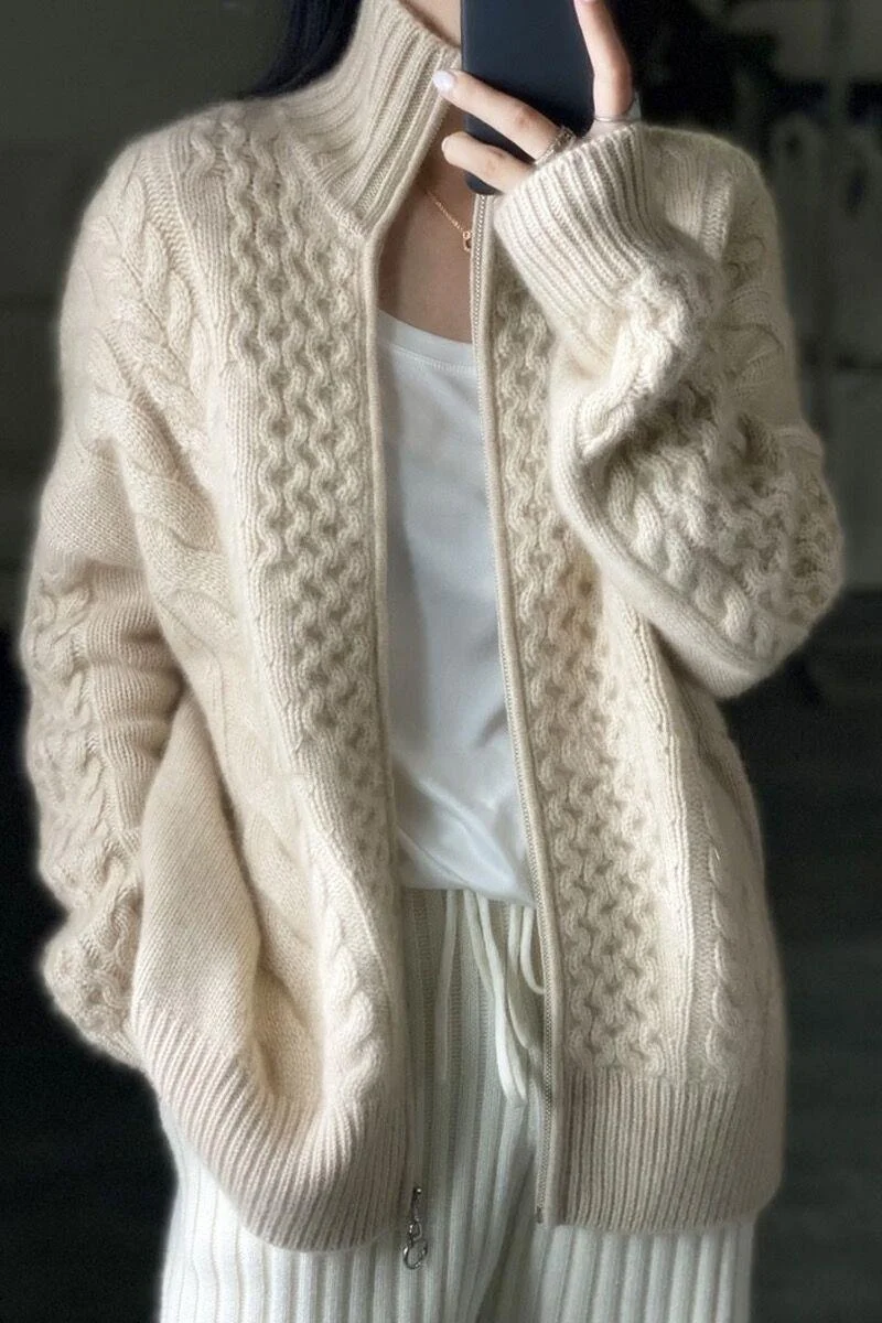 Damen Oversize Zopfmuster-Mockneckpullover aus kuscheligem Mohair‑Look Nord Taschen