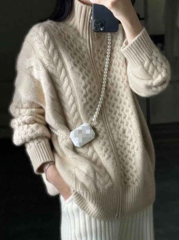 Damen Oversize Zopfmuster-Mockneckpullover aus kuscheligem Mohair‑Look Nord Taschen