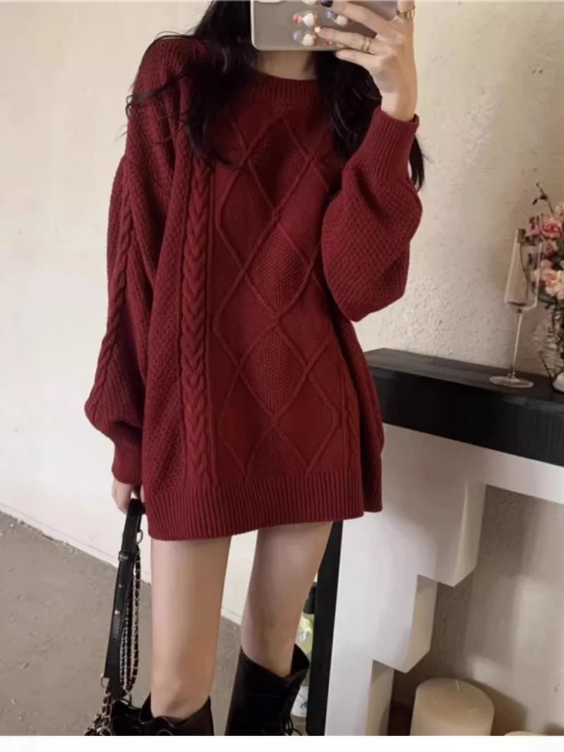 Damen Oversize Zopfmuster-Longpullover mit Rundhals und Ballonärmeln Nord Taschen
