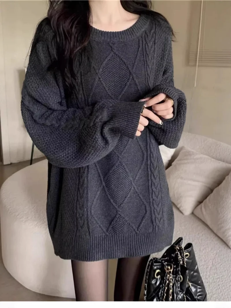 Damen Oversize Zopfmuster-Longpullover mit Rundhals und Ballonärmeln Nord Taschen