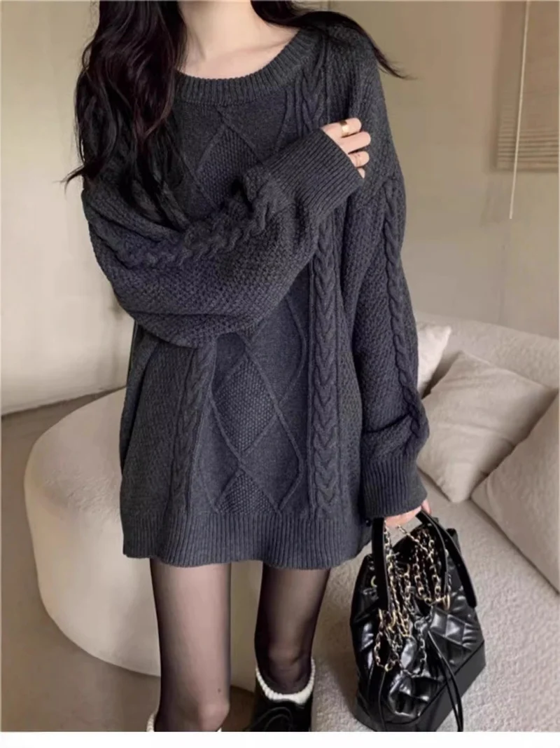 Damen Oversize Zopfmuster-Longpullover mit Rundhals und Ballonärmeln Nord Taschen