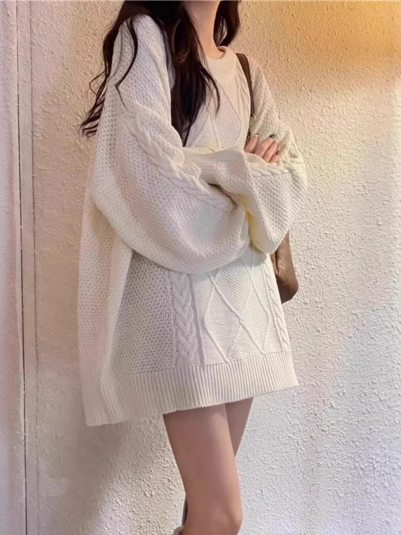 Damen Oversize Zopfmuster-Longpullover mit Rundhals und Ballonärmeln Nord Taschen
