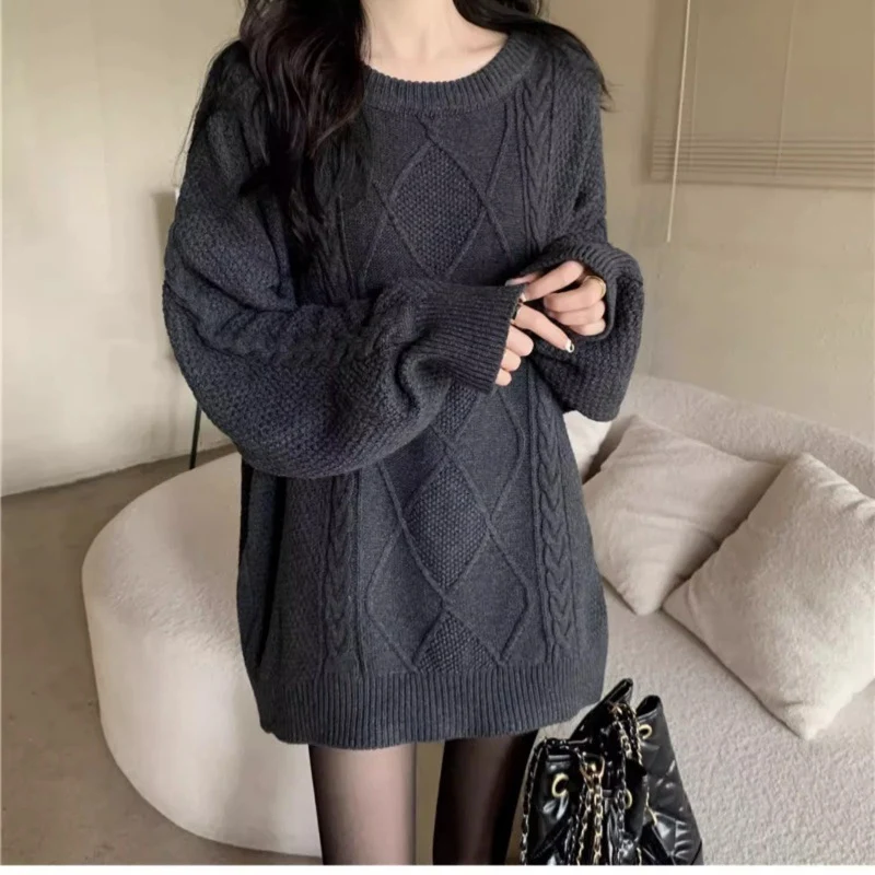 Damen Oversize Zopfmuster-Longpullover mit Rundhals und Ballonärmeln Nord Taschen