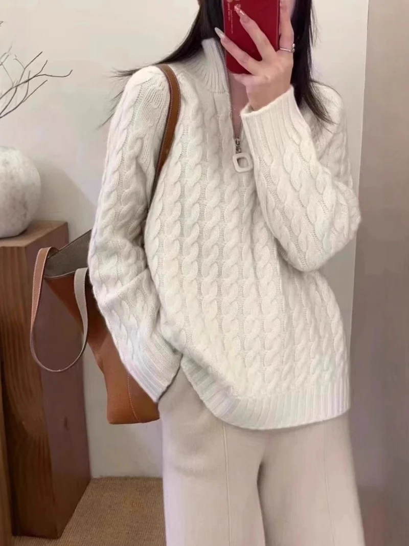 Damen Oversize Zopfmuster-Feinstrickpullover mit halbem Zipper und Stehkragen Nord Taschen