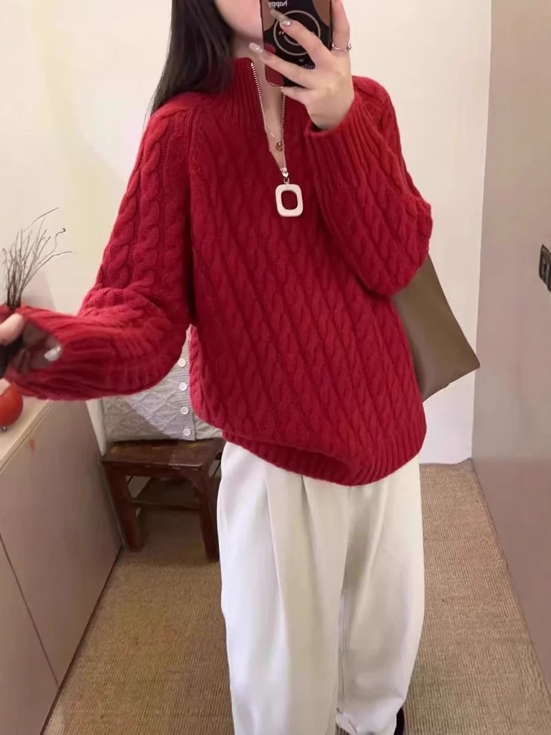 Damen Oversize Zopfmuster-Feinstrickpullover mit halbem Zipper und Stehkragen Nord Taschen