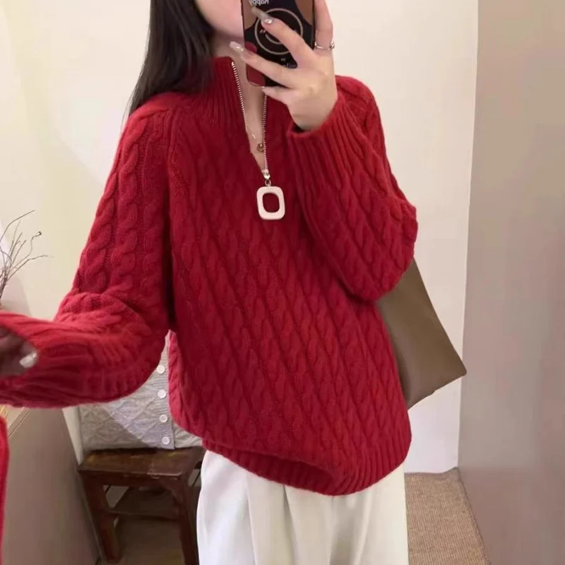 Damen Oversize Zopfmuster-Feinstrickpullover mit halbem Zipper und Stehkragen Nord Taschen