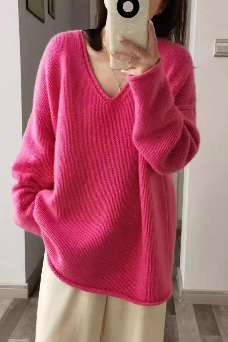 Damen Oversize V‑Ausschnitt Pullover im Mohair‑Look mit überschnittener Schulter und gerundetem Saum Nord Taschen