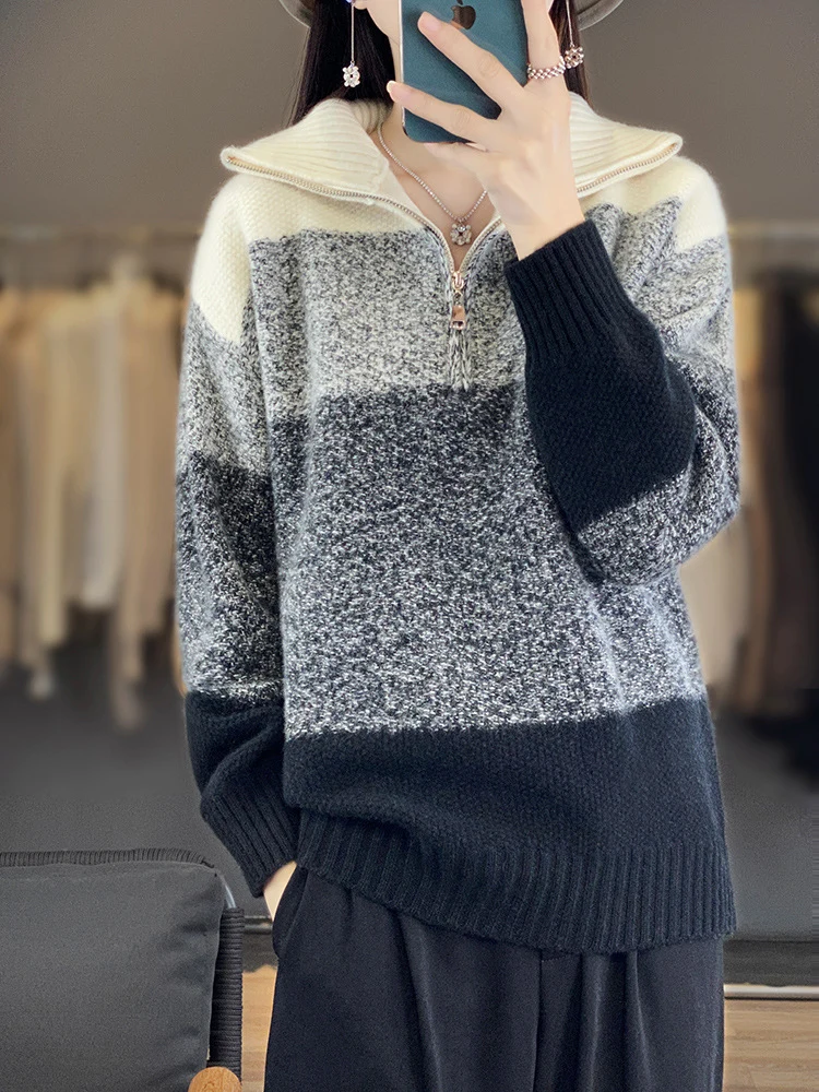 Damen Oversize-Strickpullover mit halbem Zip, meliertem Blockstreifen und weichem Flor Nord Taschen