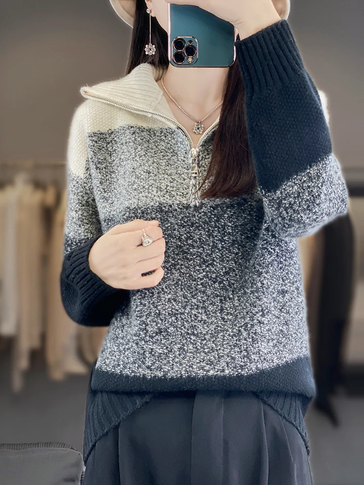 Damen Oversize-Strickpullover mit halbem Zip, meliertem Blockstreifen und weichem Flor Nord Taschen
