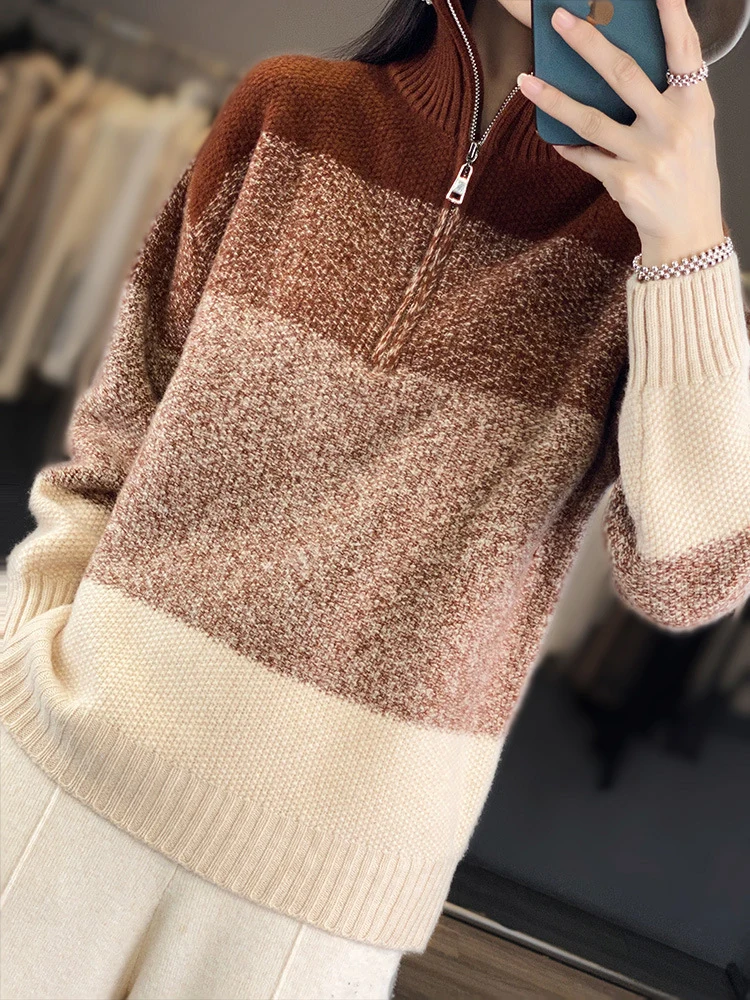 Damen Oversize-Strickpullover mit halbem Zip, meliertem Blockstreifen und weichem Flor Nord Taschen