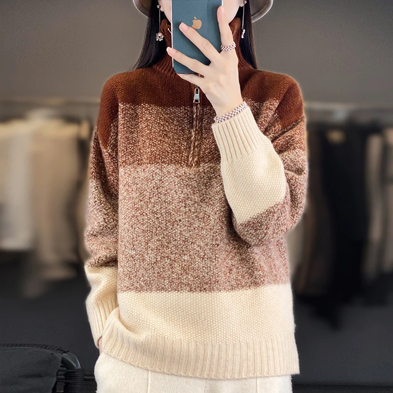 Damen Oversize-Strickpullover mit halbem Zip, meliertem Blockstreifen und weichem Flor Nord Taschen