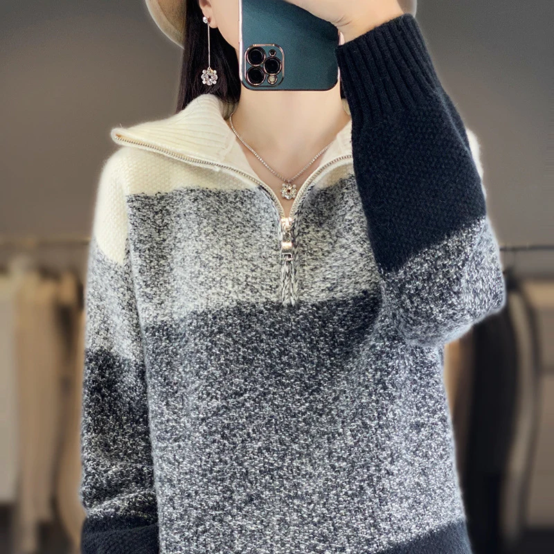 Damen Oversize-Strickpullover mit halbem Zip, meliertem Blockstreifen und weichem Flor Nord Taschen