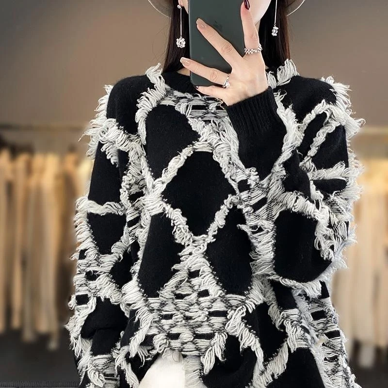Damen Oversize-Strickpullover mit Fransen‑Diamantmuster und weicher Mohair‑Optik Nord Taschen