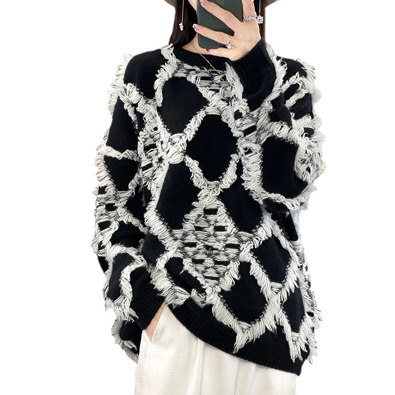 Damen Oversize-Strickpullover mit Fransen‑Diamantmuster und weicher Mohair‑Optik Nord Taschen