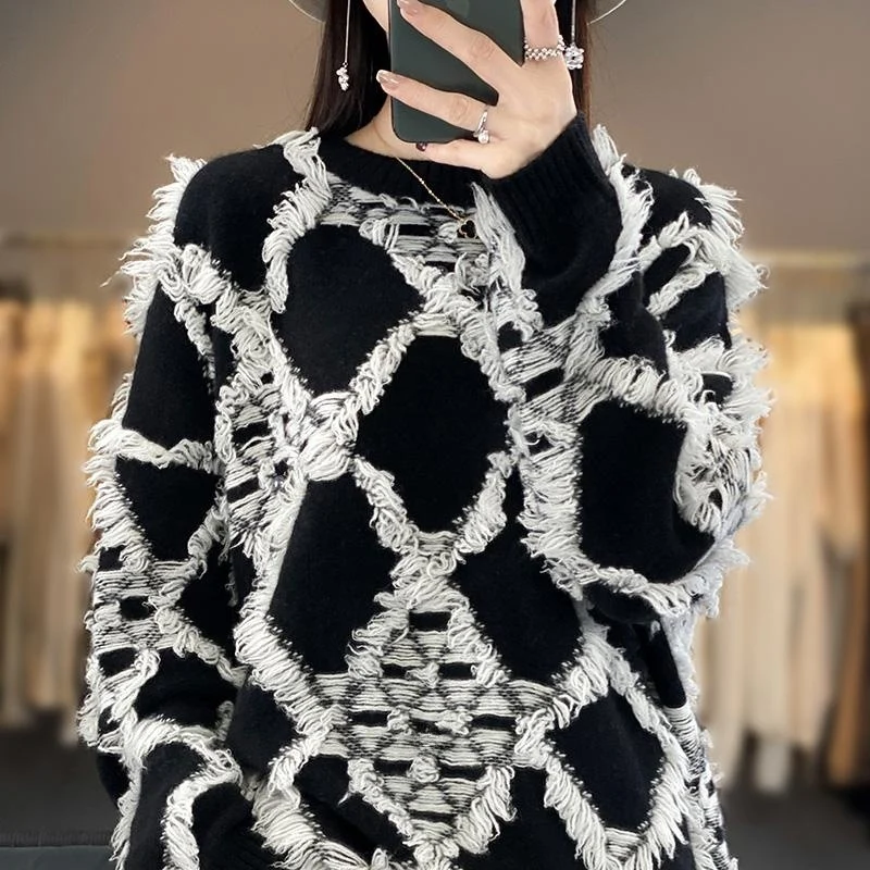 Damen Oversize-Strickpullover mit Fransen‑Diamantmuster und weicher Mohair‑Optik Nord Taschen