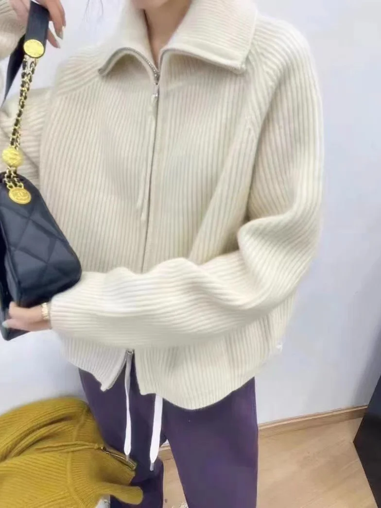 Damen Oversize-Strickjacke mit Reißverschluss, Stehkragen und gerippter Struktur Nord Taschen