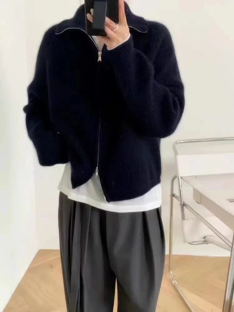 Damen Oversize-Strickjacke mit Reißverschluss, Stehkragen und gerippter Struktur Nord Taschen
