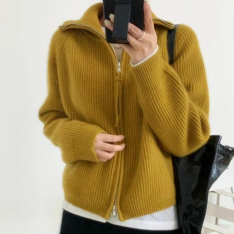 Damen Oversize-Strickjacke mit Reißverschluss, Stehkragen und gerippter Struktur Nord Taschen