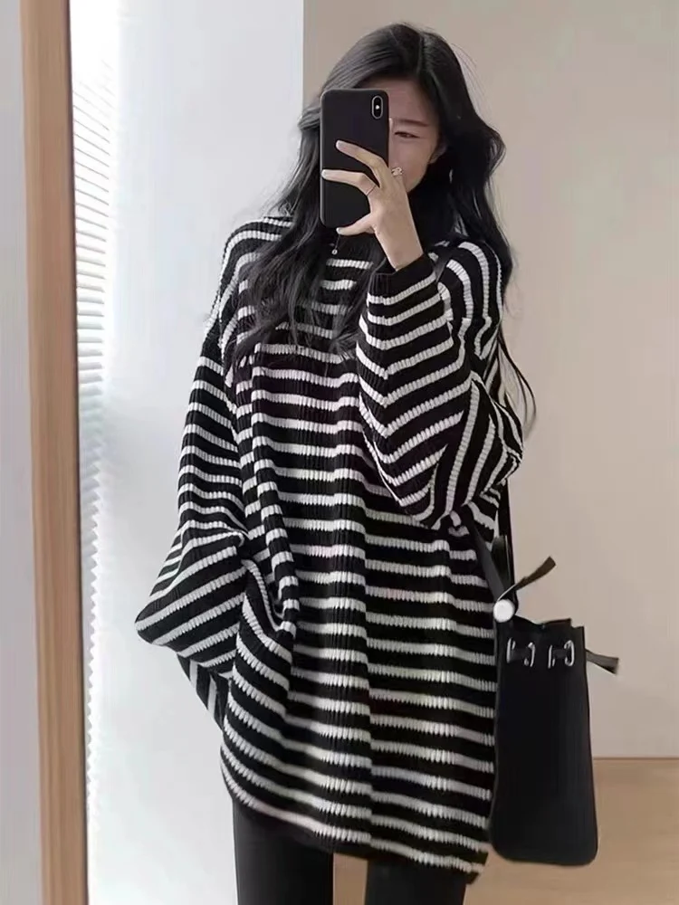 Damen Oversize Strick-Longpullover mit horizontaler Streifenstruktur Nord Taschen