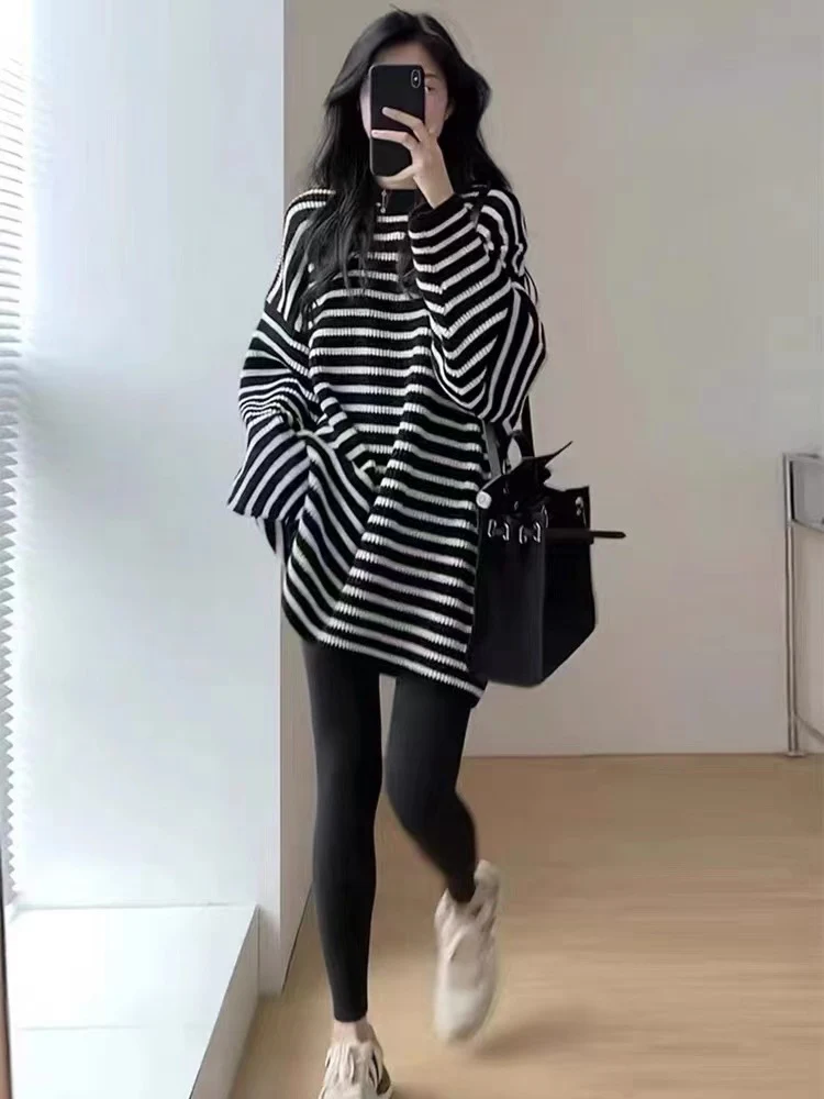 Damen Oversize Strick-Longpullover mit horizontaler Streifenstruktur Nord Taschen