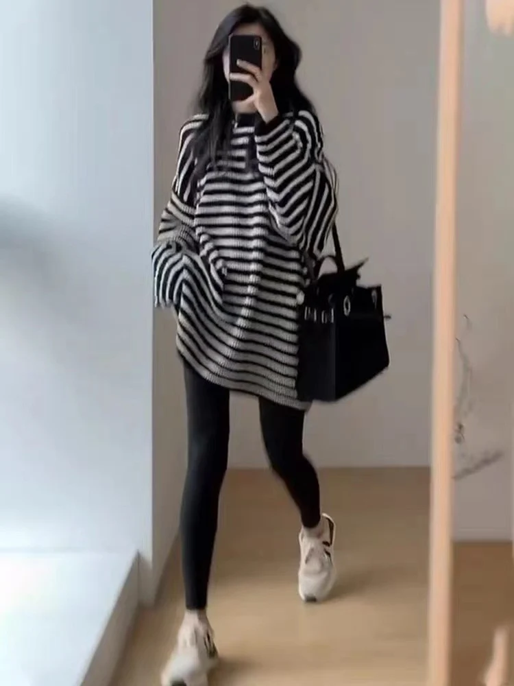 Damen Oversize Strick-Longpullover mit horizontaler Streifenstruktur Nord Taschen