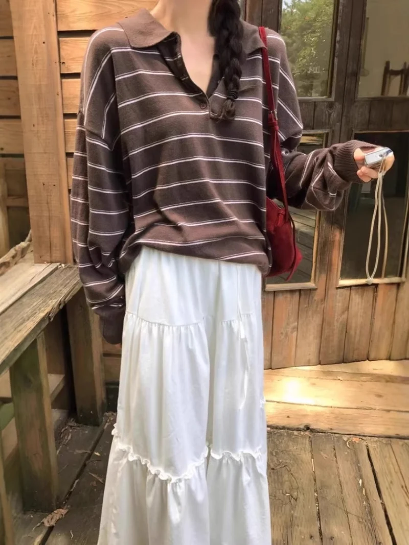 Damen Oversize-Polokragen-Strickpullover mit Streifen und halber Knopfleiste Nord Taschen