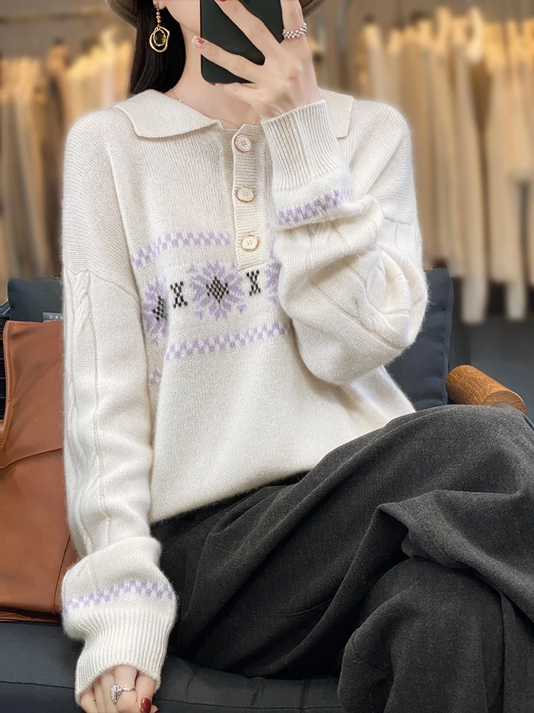 Damen Oversize-Polokragen-Strickpullover mit Norweger‑Motiv und Raglanärmeln Nord Taschen