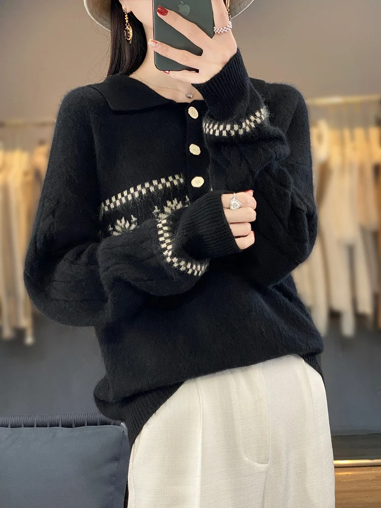 Damen Oversize-Polokragen-Strickpullover mit Norweger‑Motiv und Raglanärmeln Nord Taschen