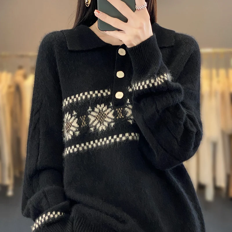 Damen Oversize-Polokragen-Strickpullover mit Norweger‑Motiv und Raglanärmeln Nord Taschen