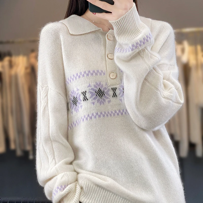 Damen Oversize-Polokragen-Strickpullover mit Norweger‑Motiv und Raglanärmeln Nord Taschen