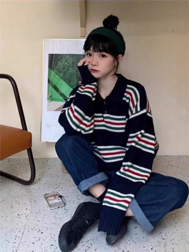 Damen Oversize Polokragen-Strickpullover mit maritimen Blockstreifen und kastiger Cropped-Silhouette Nord Taschen