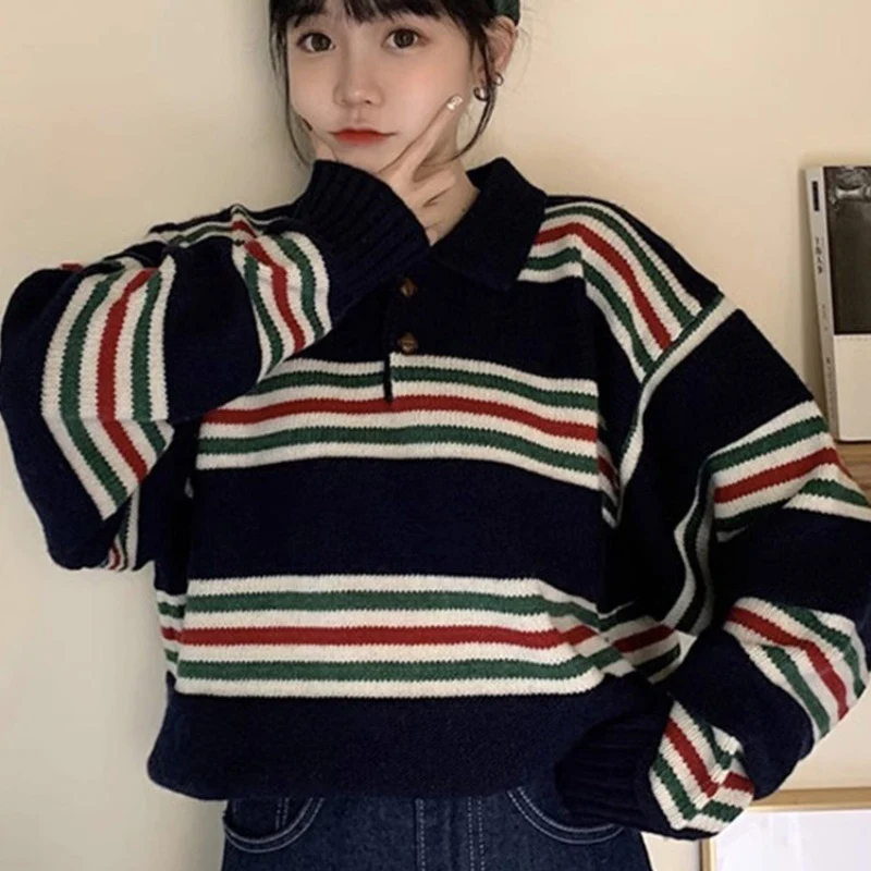 Damen Oversize Polokragen-Strickpullover mit maritimen Blockstreifen und kastiger Cropped-Silhouette Nord Taschen