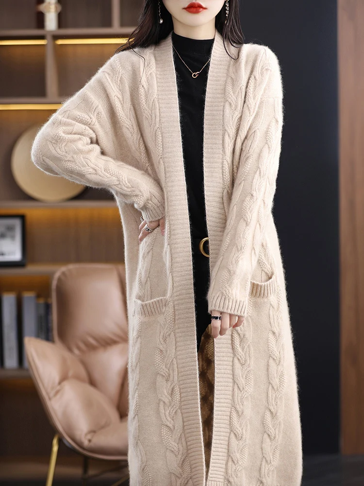 Damen Oversize-Longcardigan aus weichem Wollmix mit kontrastierenden Blockstreifen Nord Taschen