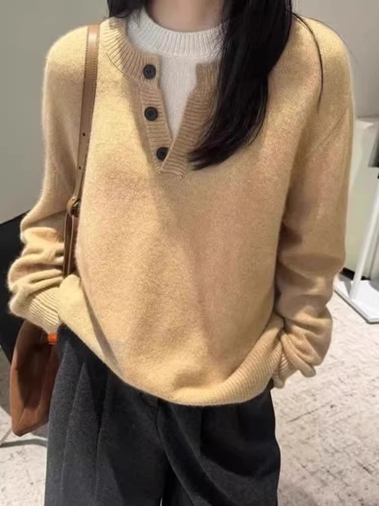 Damen Oversize-Henley-Pullover aus flauschigem Mohair‑Look mit Knopfleiste Nord Taschen