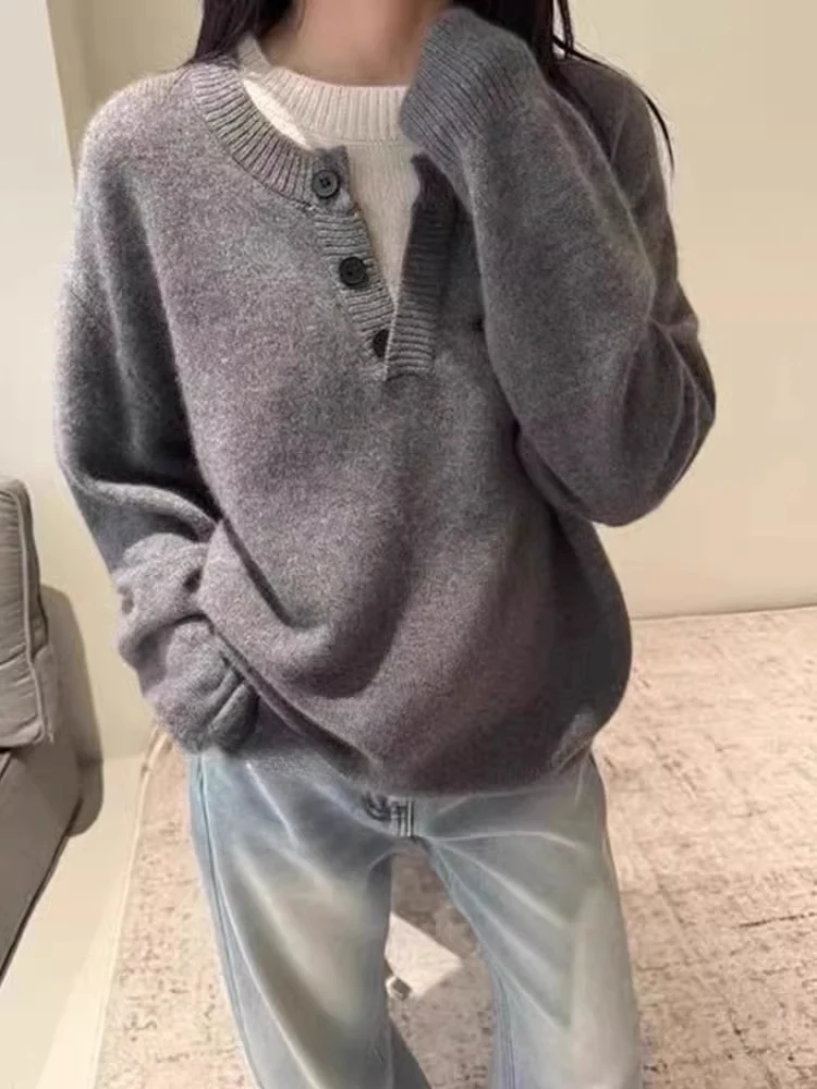 Damen Oversize-Henley-Pullover aus flauschigem Mohair‑Look mit Knopfleiste Nord Taschen