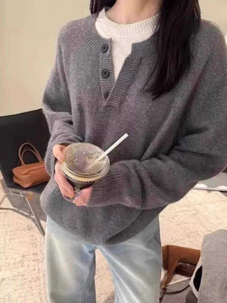 Damen Oversize-Henley-Pullover aus flauschigem Mohair‑Look mit Knopfleiste Nord Taschen