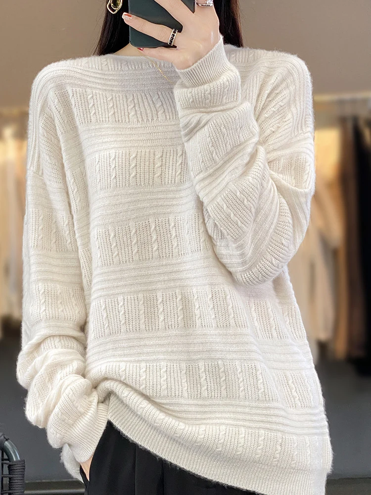 Damen Oversize-Feinstrickpullover mit Strukturblöcken, Mohair‑Look und Rundhalsausschnitt Nord Taschen